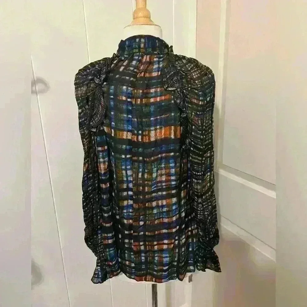 Conditions Apply Anthropologie Long Sleeve‎ Blouse Tie Neck Pirate Plaid Stripes